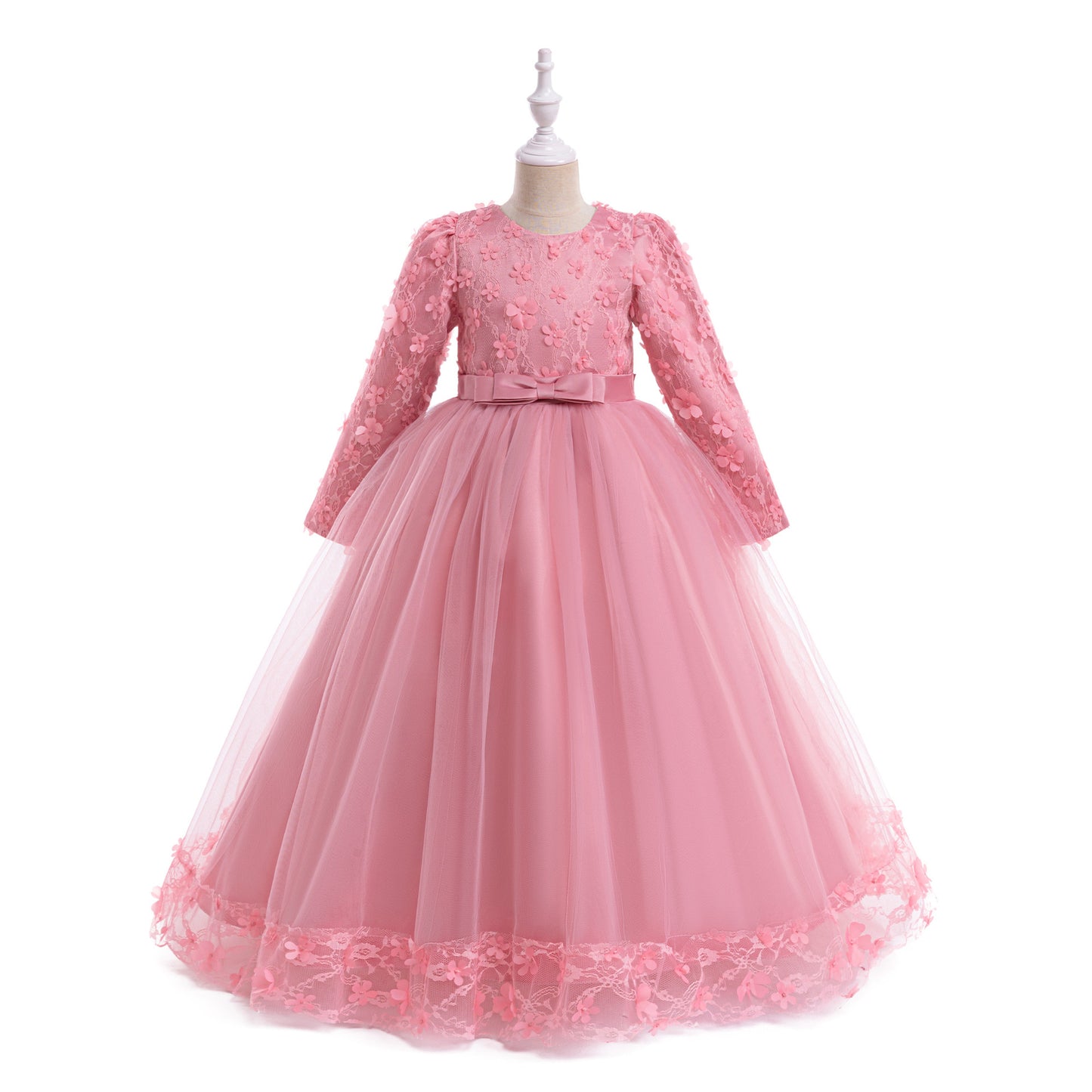 Cute Girls' Maxi A-line Lace Flower Party Dress – Princess Long Sleeve Gown for Special Occasions