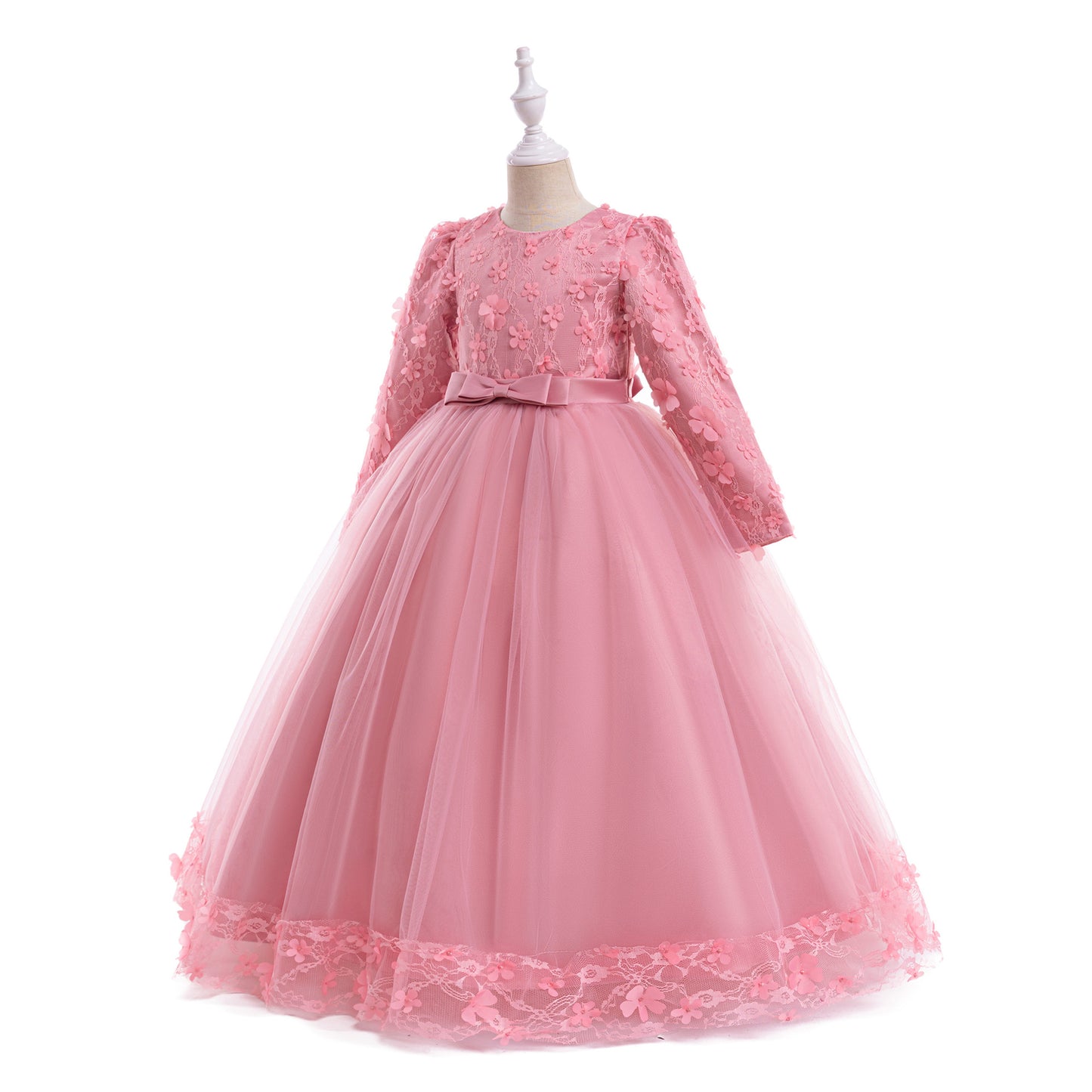 Cute Girls' Maxi A-line Lace Flower Party Dress – Princess Long Sleeve Gown for Special Occasions