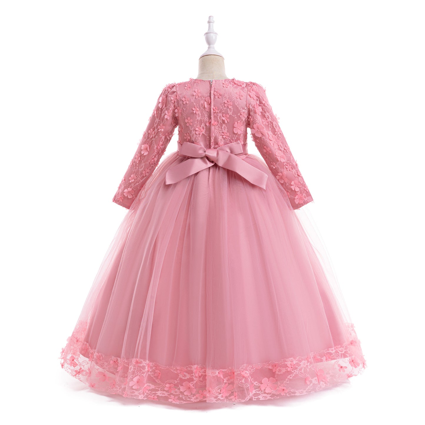 Cute Girls' Maxi A-line Lace Flower Party Dress – Princess Long Sleeve Gown for Special Occasions