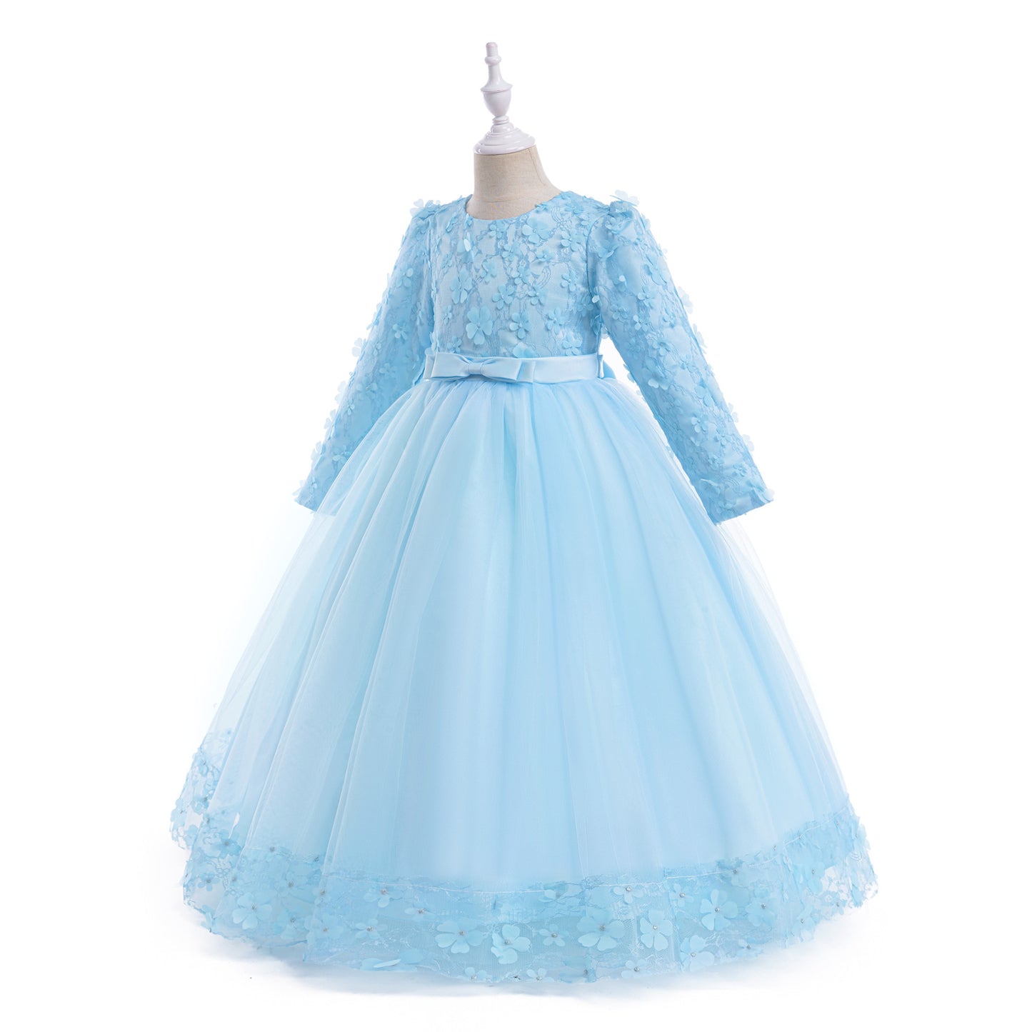 Cute Girls' Maxi A-line Lace Flower Party Dress – Princess Long Sleeve Gown for Special Occasions