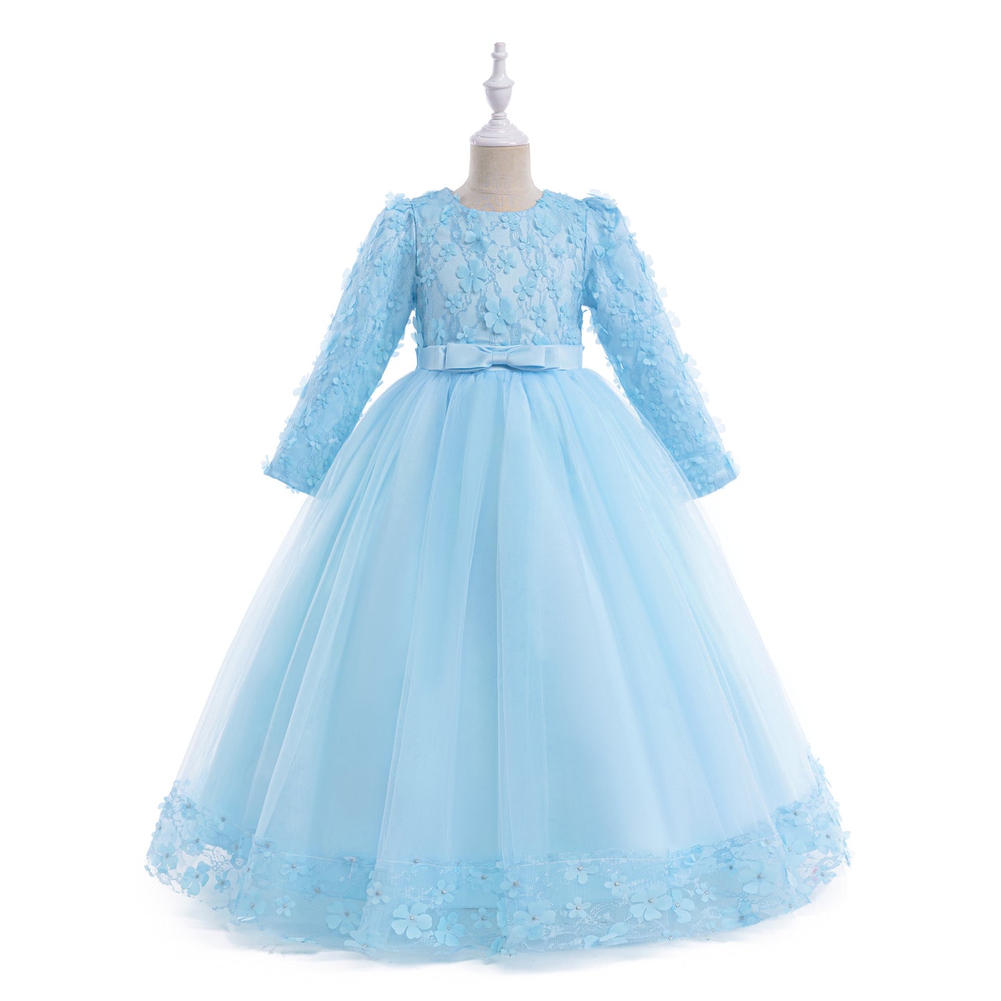 Cute Girls' Maxi A-line Lace Flower Party Dress – Princess Long Sleeve Gown for Special Occasions