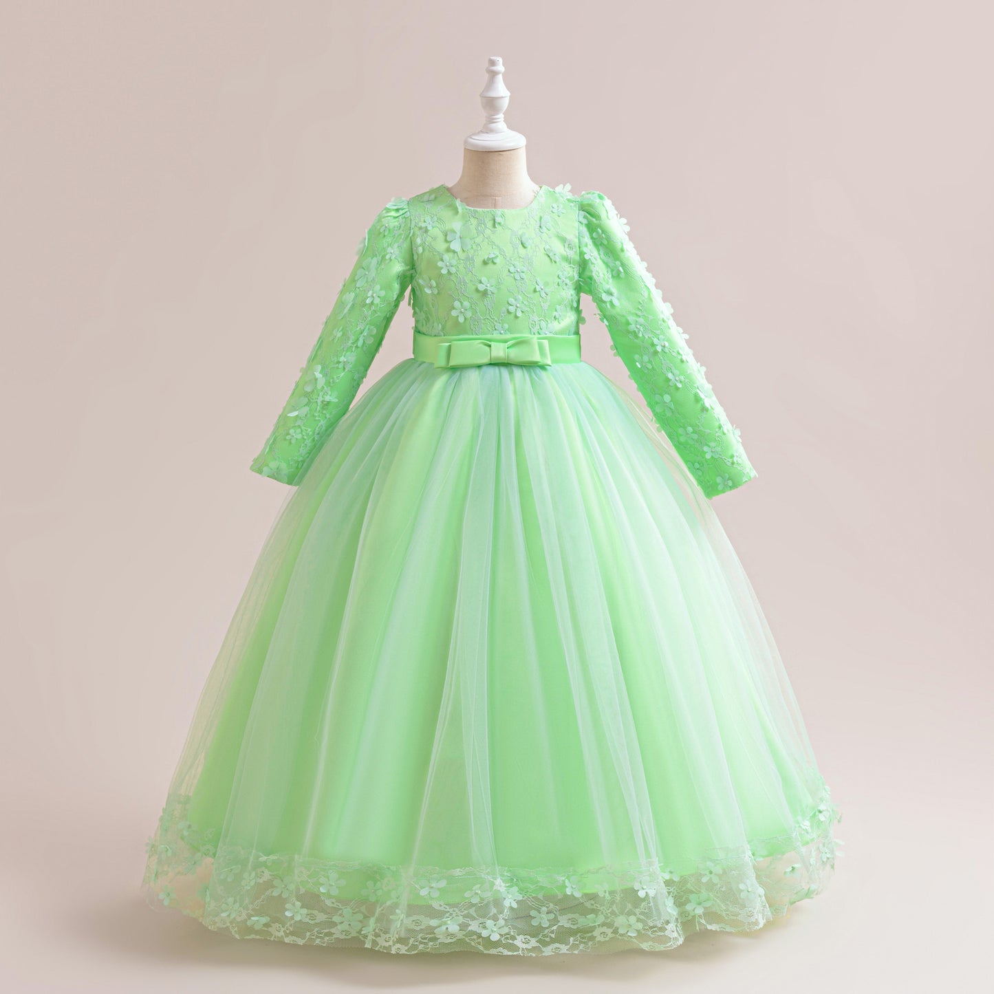 Cute Girls' Maxi A-line Lace Flower Party Dress – Princess Long Sleeve Gown for Special Occasions