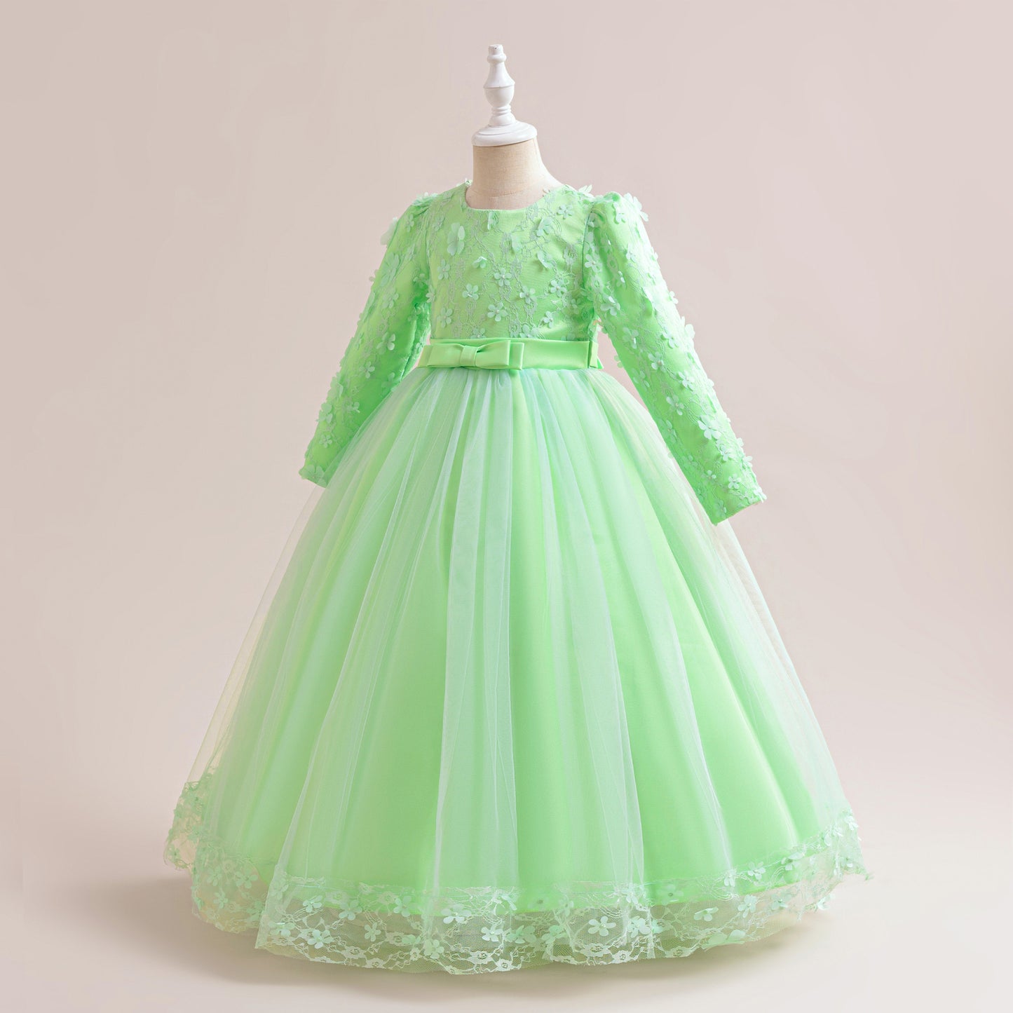 Cute Girls' Maxi A-line Lace Flower Party Dress – Princess Long Sleeve Gown for Special Occasions