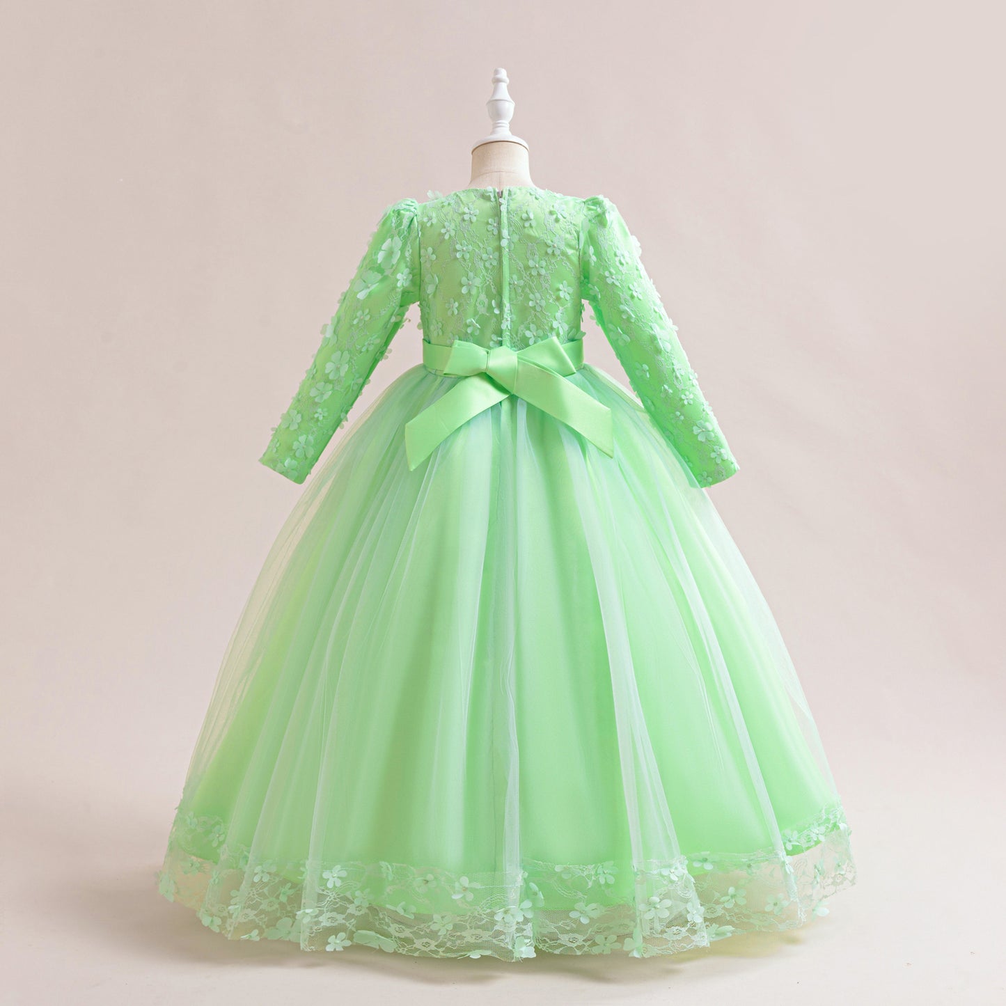 Cute Girls' Maxi A-line Lace Flower Party Dress – Princess Long Sleeve Gown for Special Occasions
