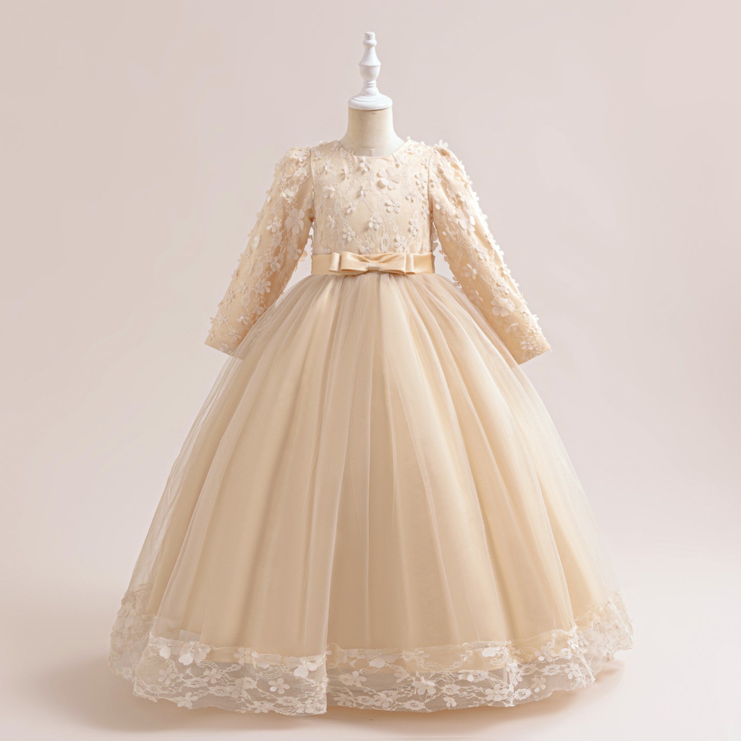 Cute Girls' Maxi A-line Lace Flower Party Dress – Princess Long Sleeve Gown for Special Occasions