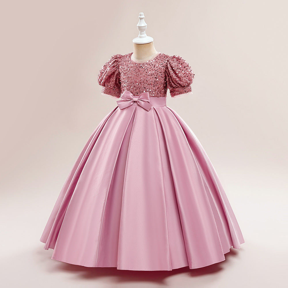 Cute A-Line Sequin Maxi Dress for Girls with Puff Sleeves & Bowknot