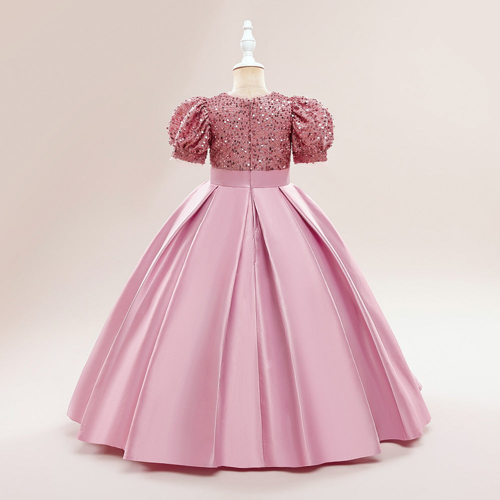 Cute A-Line Sequin Maxi Dress for Girls with Puff Sleeves & Bowknot