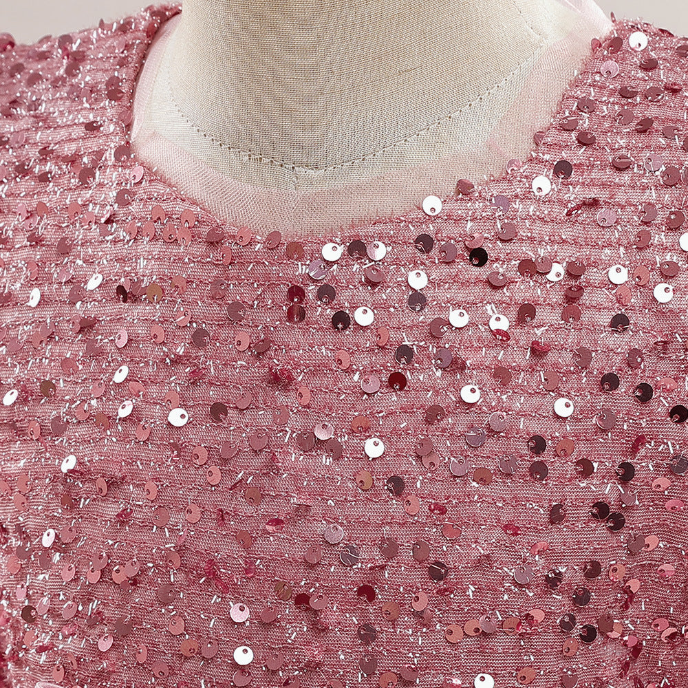 Cute A-Line Sequin Maxi Dress for Girls with Puff Sleeves & Bowknot