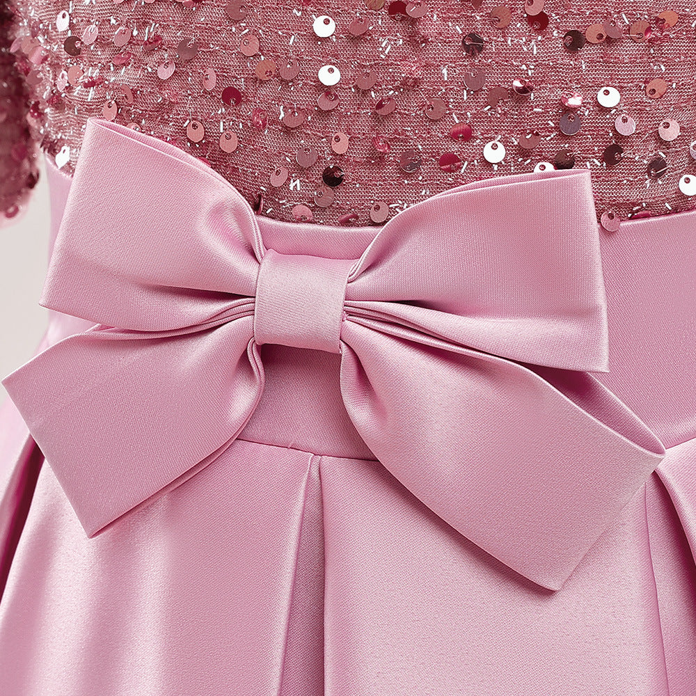 Cute A-Line Sequin Maxi Dress for Girls with Puff Sleeves & Bowknot