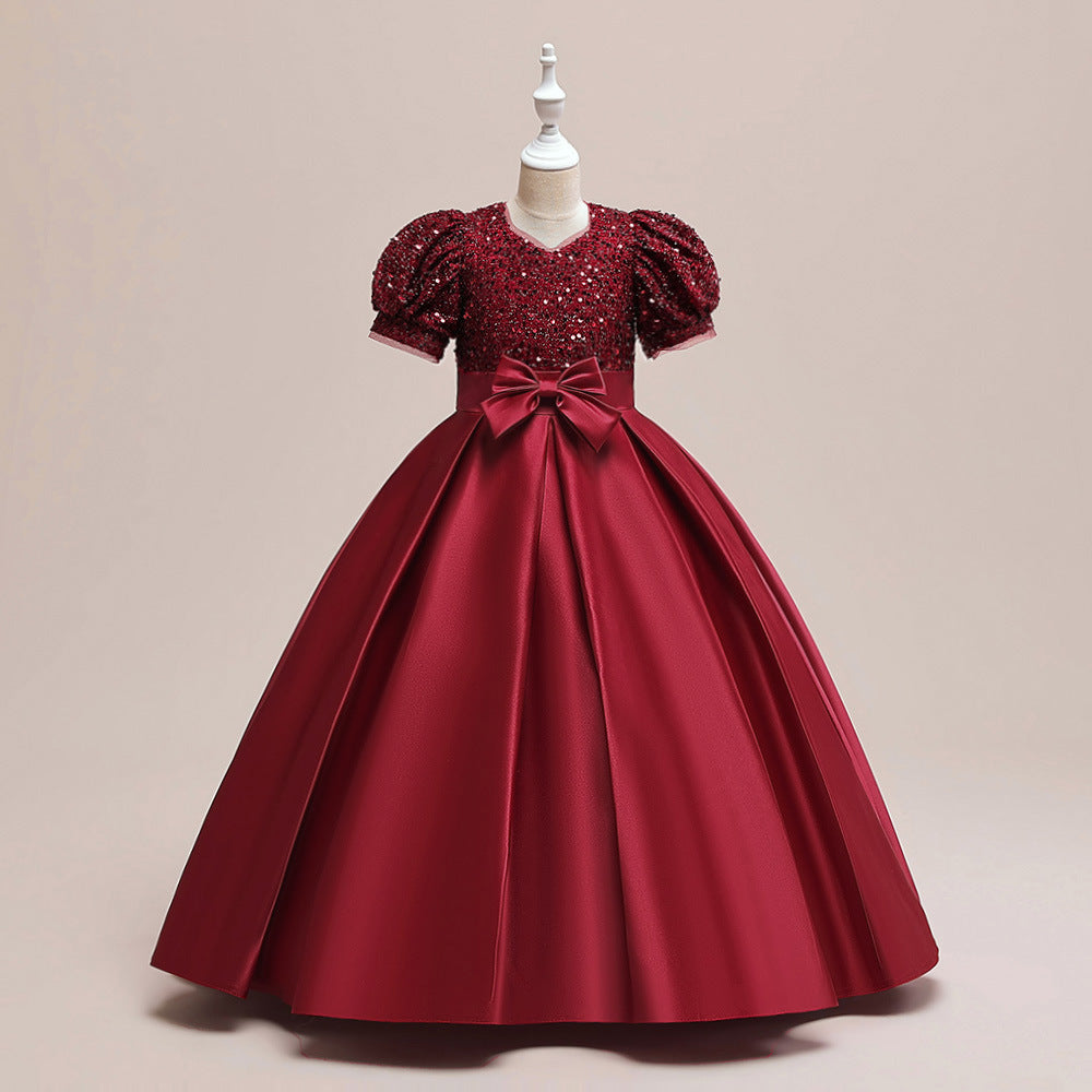 Cute A-Line Sequin Maxi Dress for Girls with Puff Sleeves & Bowknot