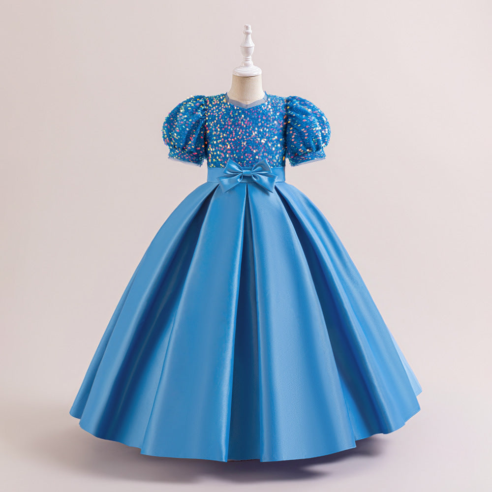 Cute A-Line Sequin Maxi Dress for Girls with Puff Sleeves & Bowknot