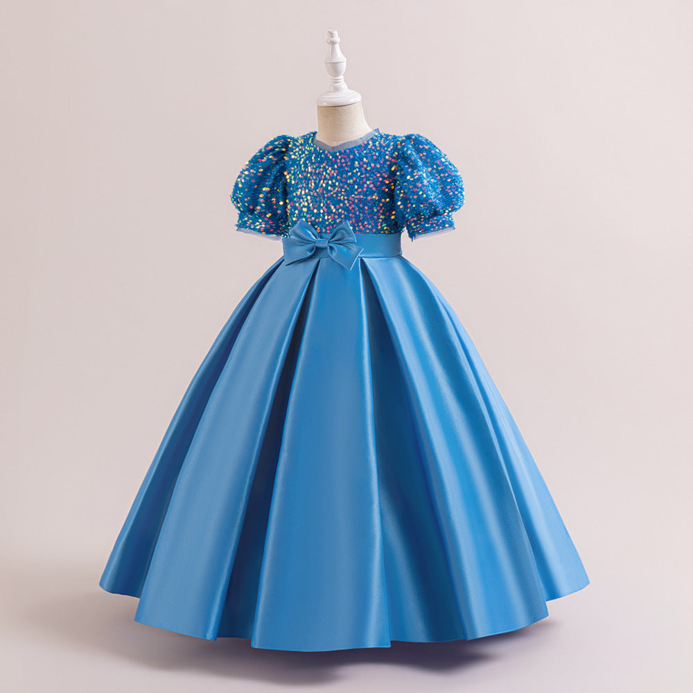Cute A-Line Sequin Maxi Dress for Girls with Puff Sleeves & Bowknot