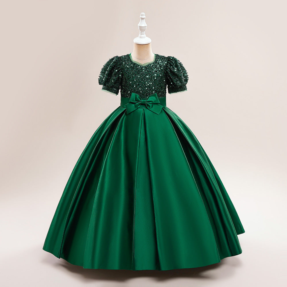 Cute A-Line Sequin Maxi Dress for Girls with Puff Sleeves & Bowknot