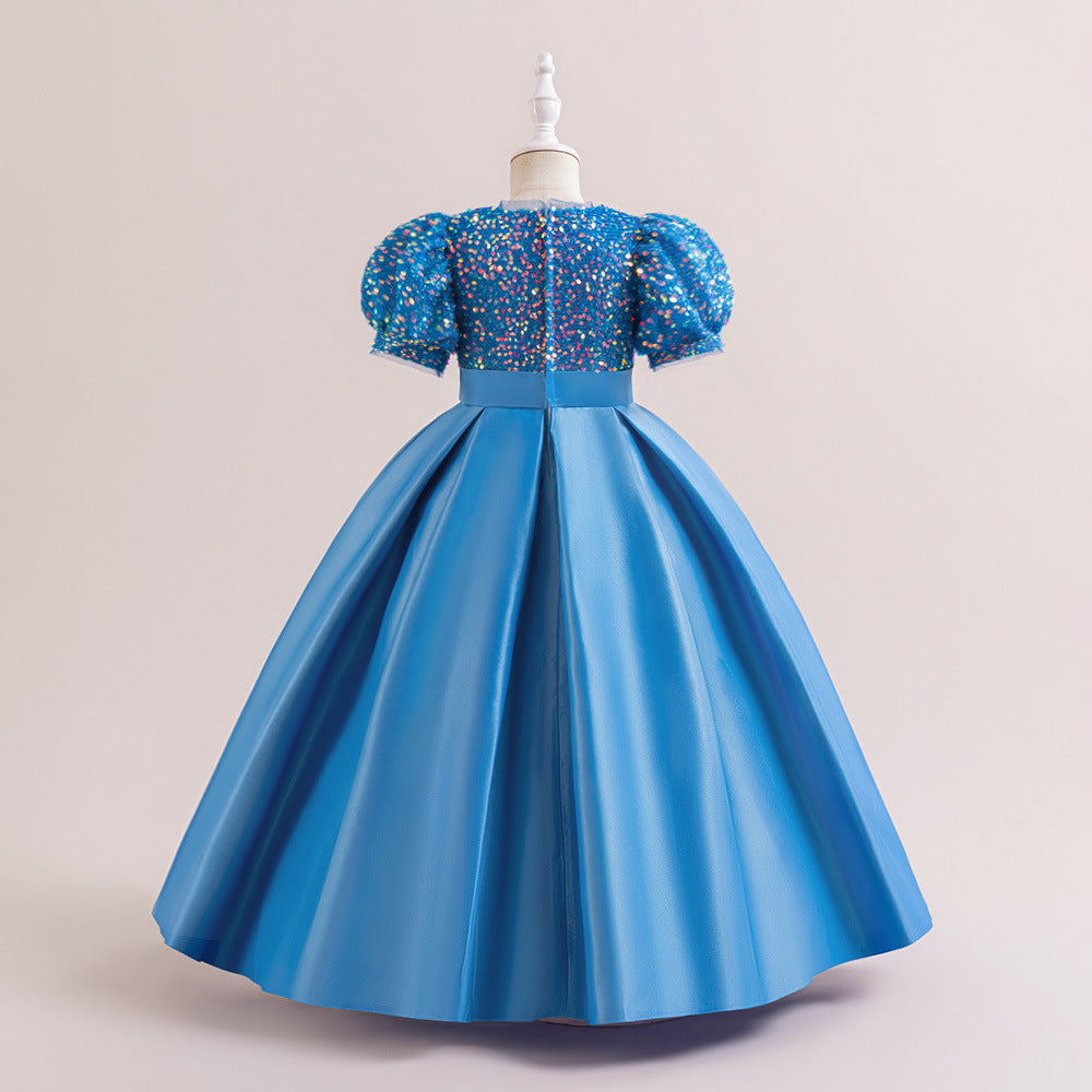 Cute A-Line Sequin Maxi Dress for Girls with Puff Sleeves & Bowknot