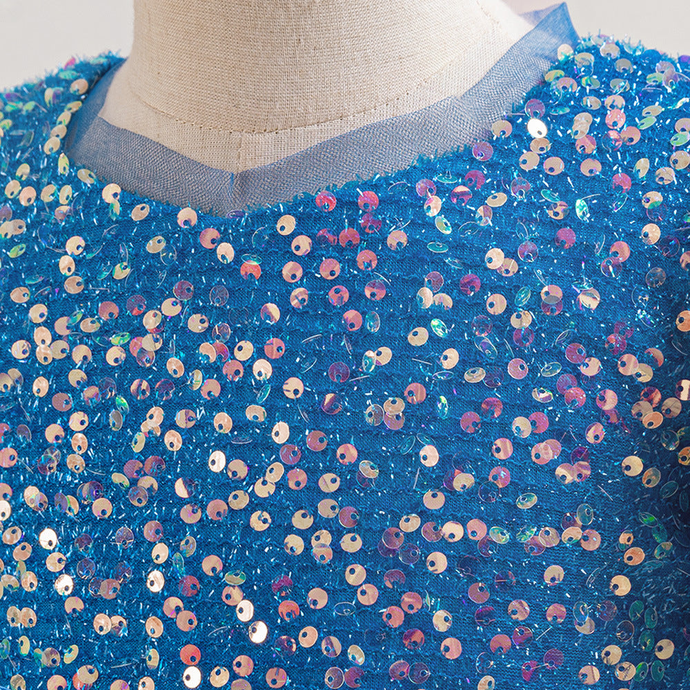 Cute A-Line Sequin Maxi Dress for Girls with Puff Sleeves & Bowknot