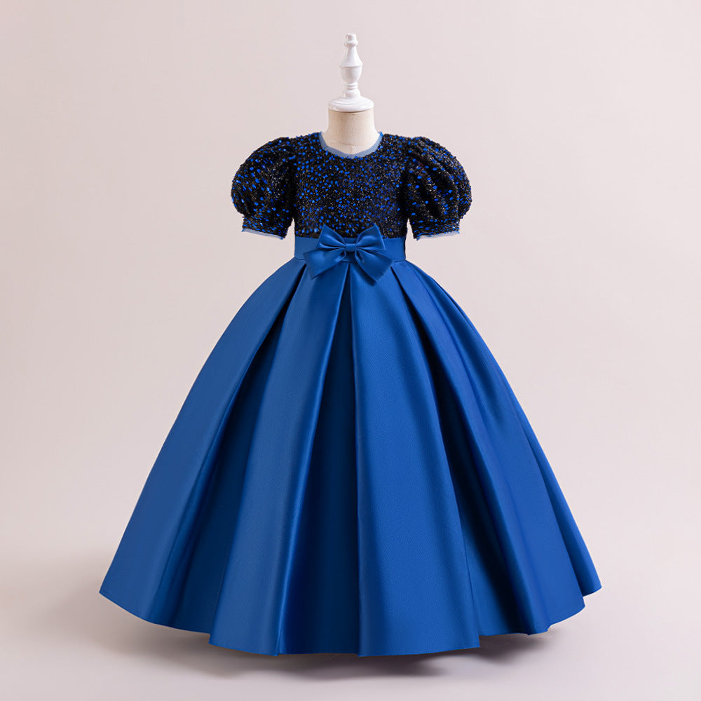 Cute A-Line Sequin Maxi Dress for Girls with Puff Sleeves & Bowknot