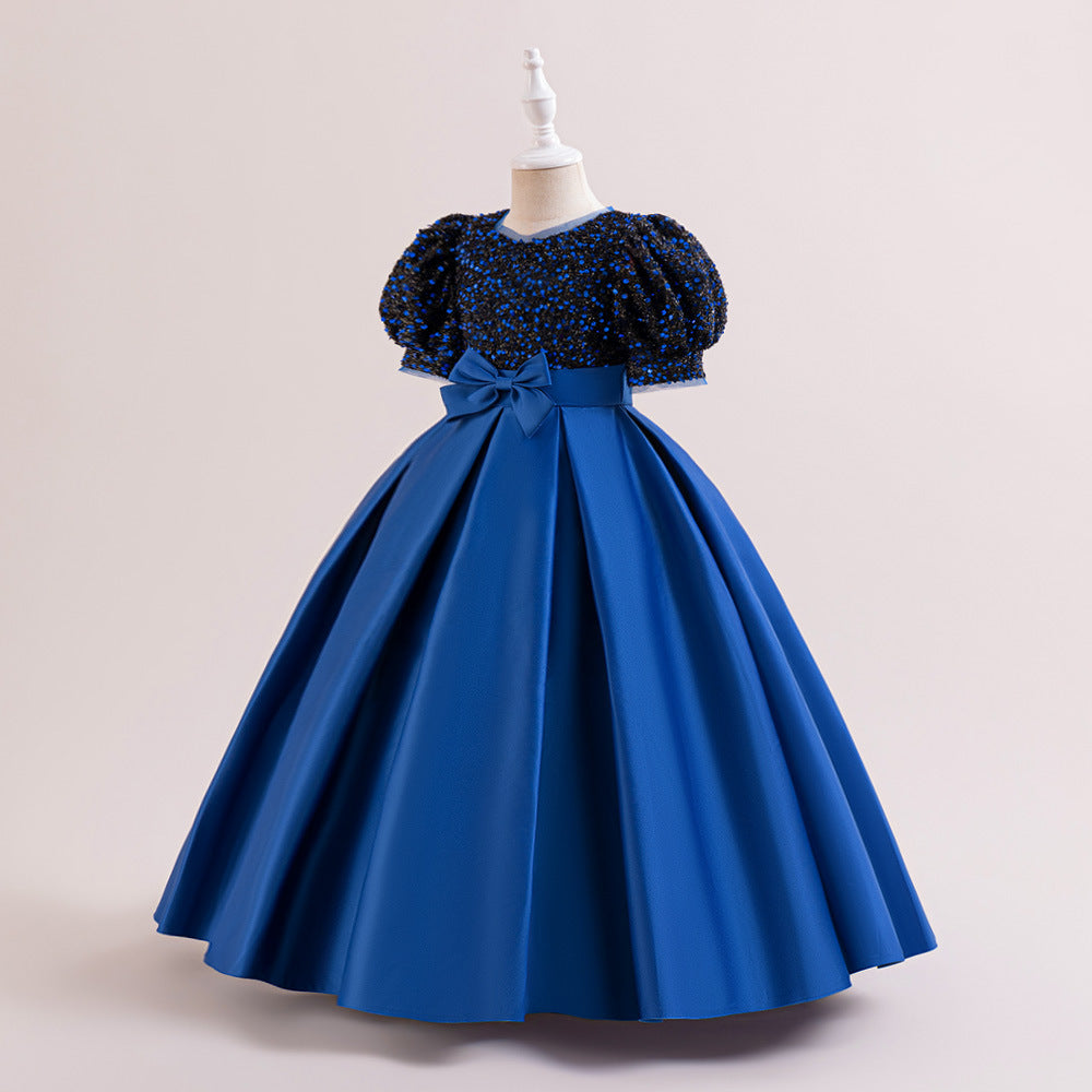 Cute A-Line Sequin Maxi Dress for Girls with Puff Sleeves & Bowknot