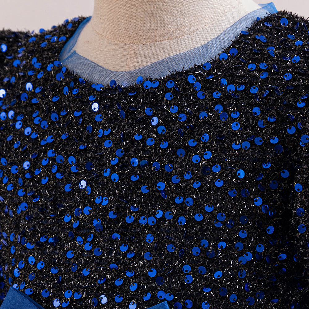 Cute A-Line Sequin Maxi Dress for Girls with Puff Sleeves & Bowknot