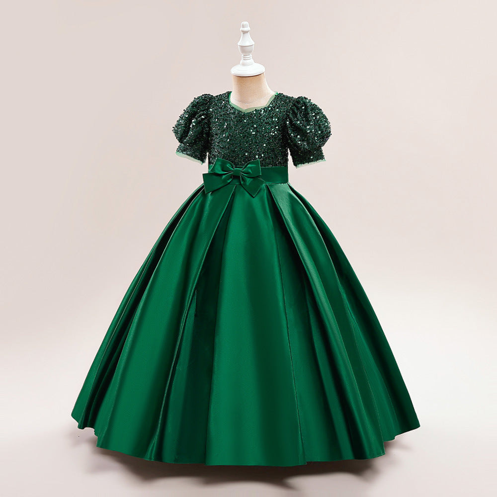 Cute A-Line Sequin Maxi Dress for Girls with Puff Sleeves & Bowknot