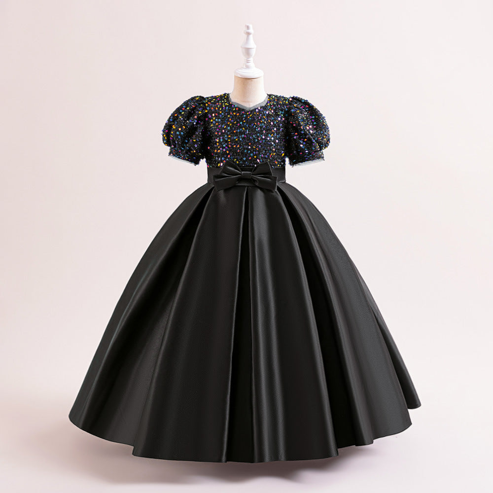 Cute A-Line Sequin Maxi Dress for Girls with Puff Sleeves & Bowknot