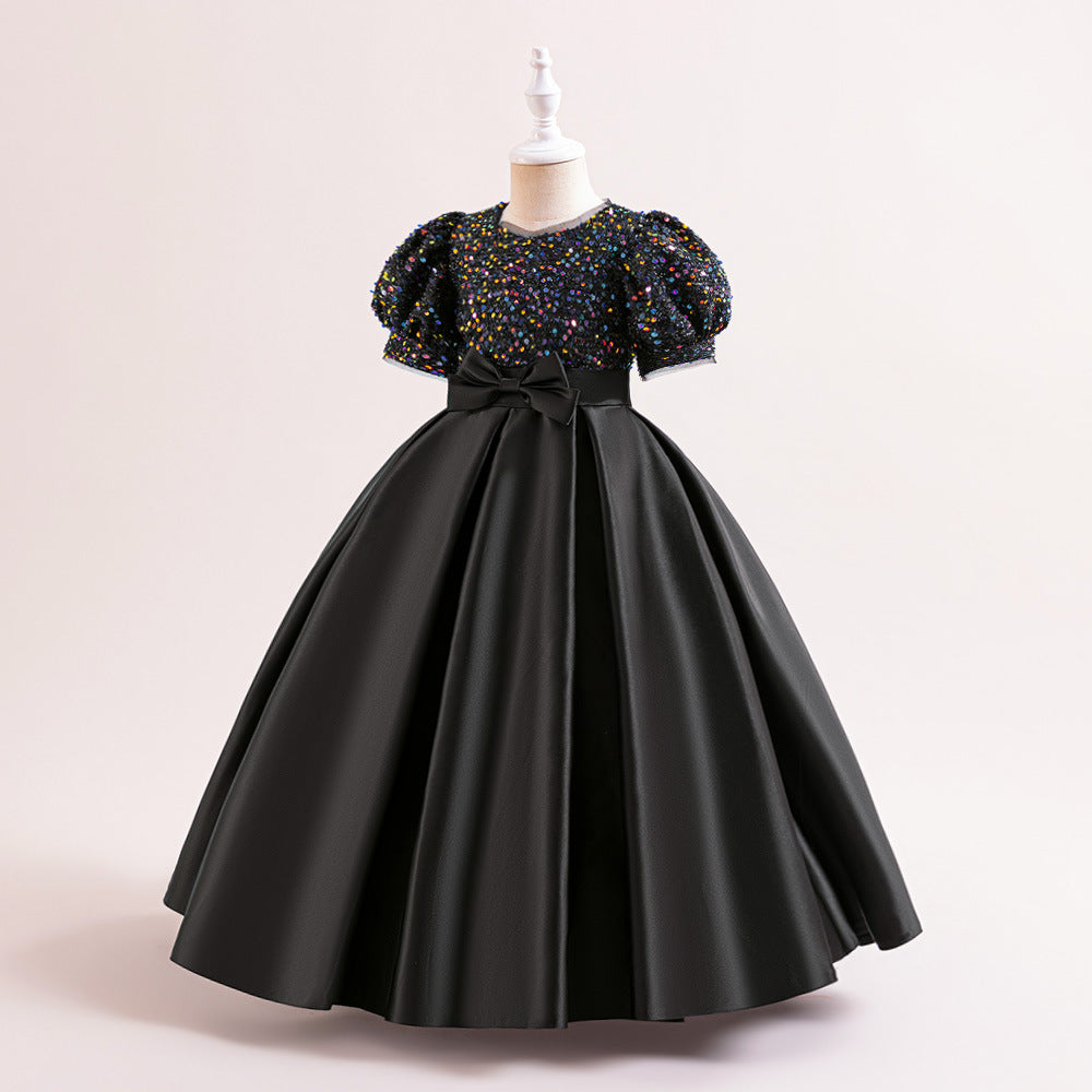Cute A-Line Sequin Maxi Dress for Girls with Puff Sleeves & Bowknot