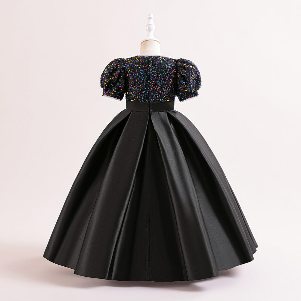 Cute A-Line Sequin Maxi Dress for Girls with Puff Sleeves & Bowknot