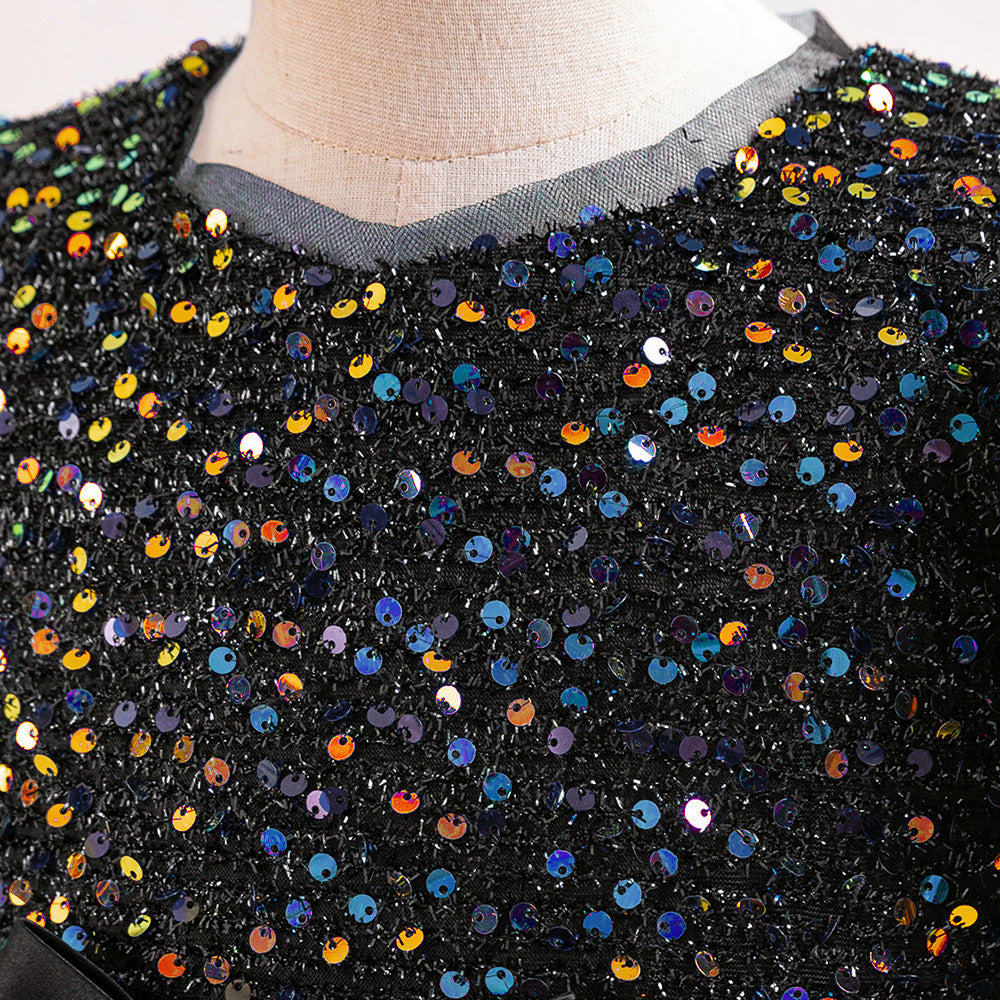 Cute A-Line Sequin Maxi Dress for Girls with Puff Sleeves & Bowknot