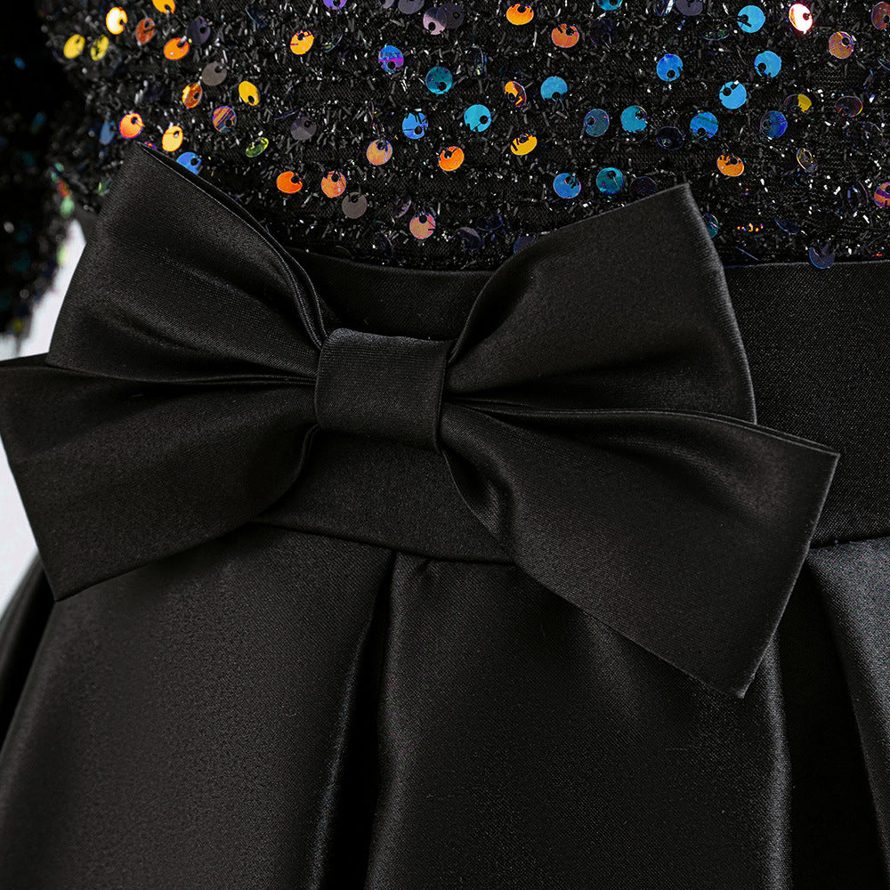 Cute A-Line Sequin Maxi Dress for Girls with Puff Sleeves & Bowknot