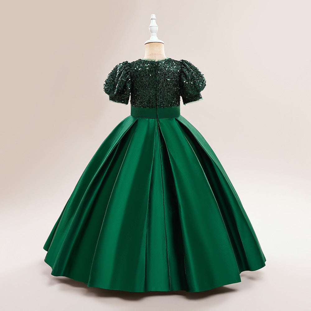 Cute A-Line Sequin Maxi Dress for Girls with Puff Sleeves & Bowknot
