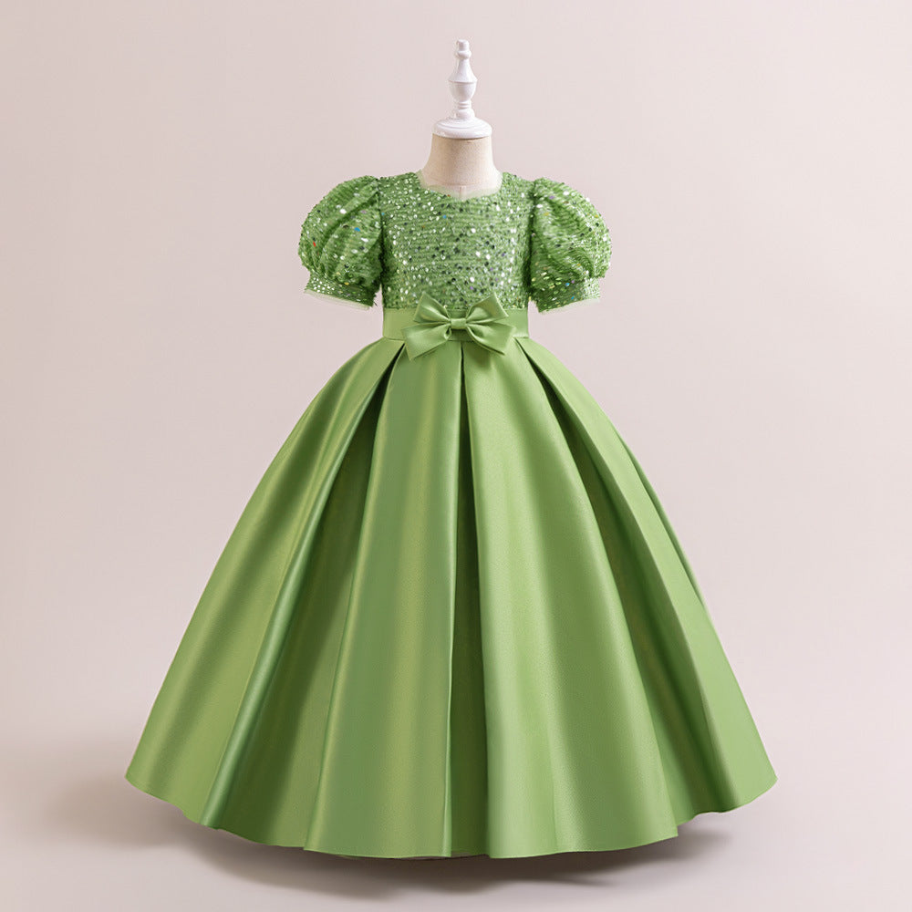 Cute A-Line Sequin Maxi Dress for Girls with Puff Sleeves & Bowknot