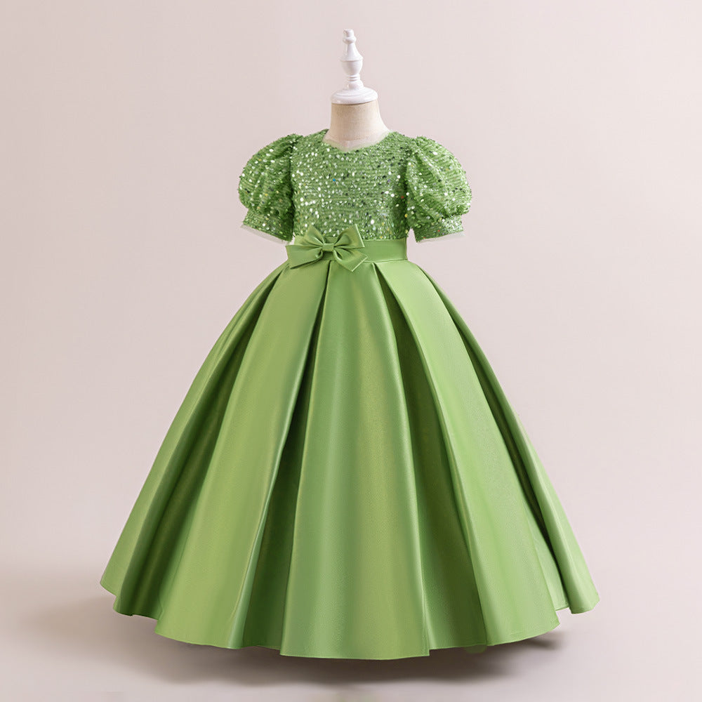 Cute A-Line Sequin Maxi Dress for Girls with Puff Sleeves & Bowknot