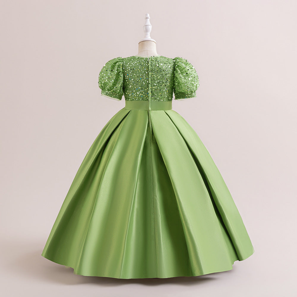 Cute A-Line Sequin Maxi Dress for Girls with Puff Sleeves & Bowknot