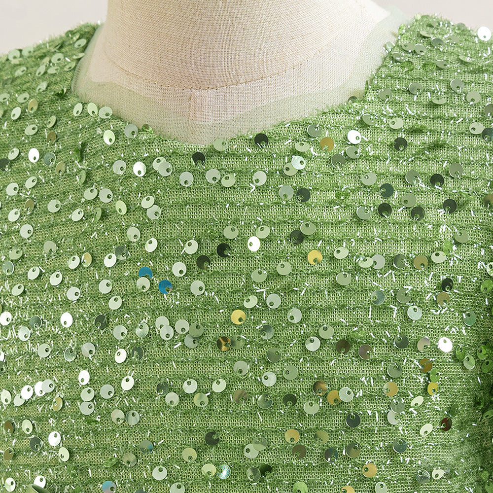 Cute A-Line Sequin Maxi Dress for Girls with Puff Sleeves & Bowknot