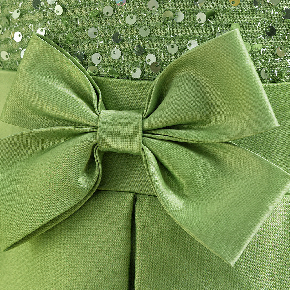 Cute A-Line Sequin Maxi Dress for Girls with Puff Sleeves & Bowknot