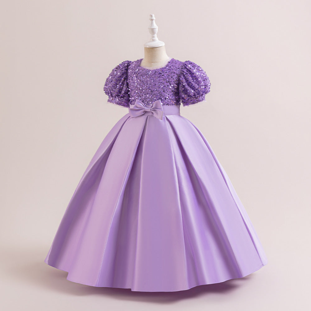 Cute A-Line Sequin Maxi Dress for Girls with Puff Sleeves & Bowknot