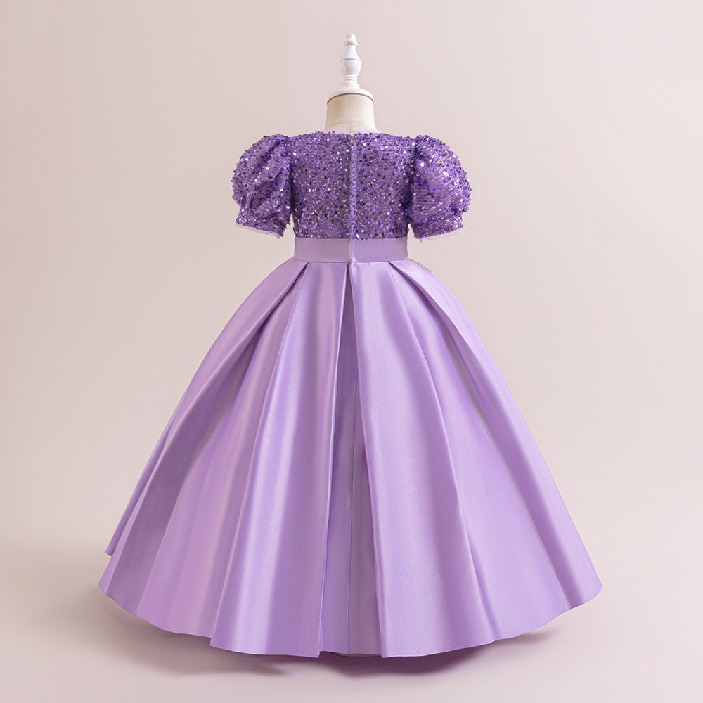 Cute A-Line Sequin Maxi Dress for Girls with Puff Sleeves & Bowknot
