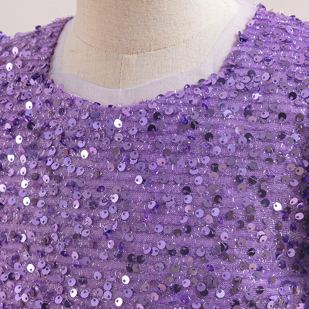 Cute A-Line Sequin Maxi Dress for Girls with Puff Sleeves & Bowknot