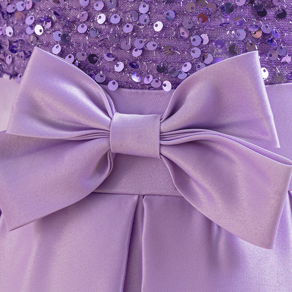 Cute A-Line Sequin Maxi Dress for Girls with Puff Sleeves & Bowknot