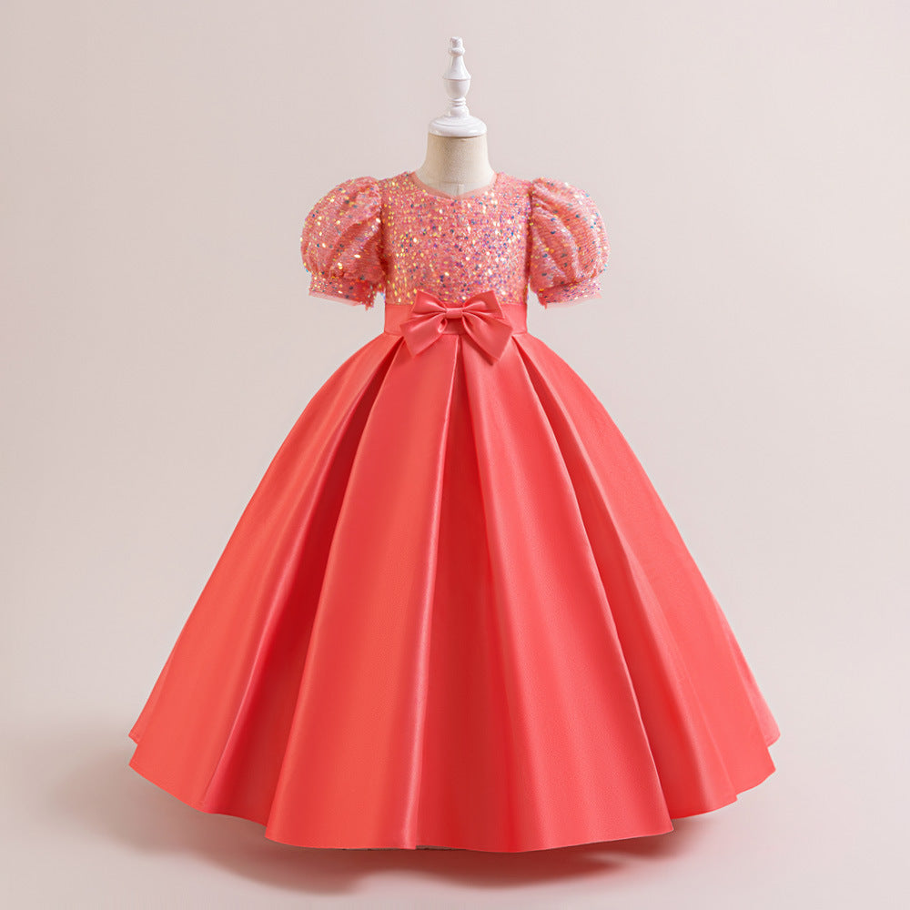 Cute A-Line Sequin Maxi Dress for Girls with Puff Sleeves & Bowknot