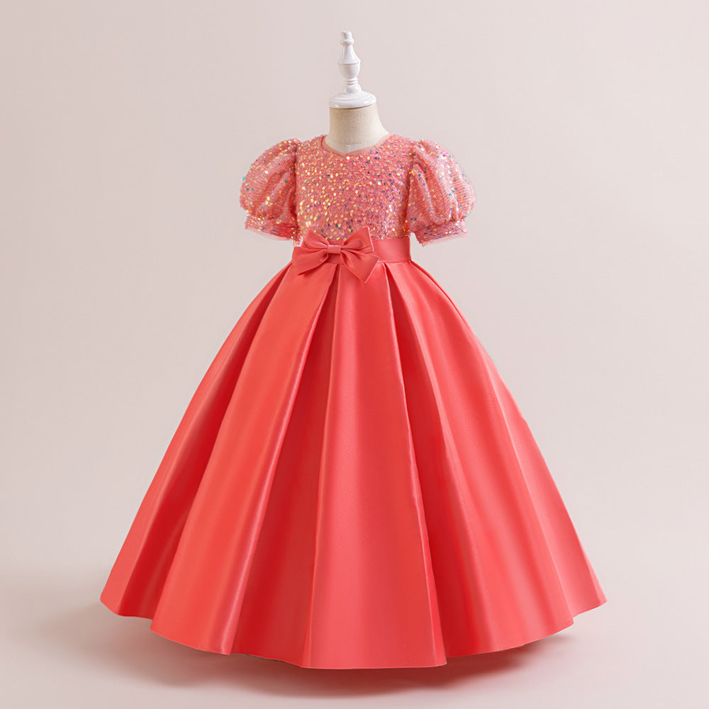 Cute A-Line Sequin Maxi Dress for Girls with Puff Sleeves & Bowknot