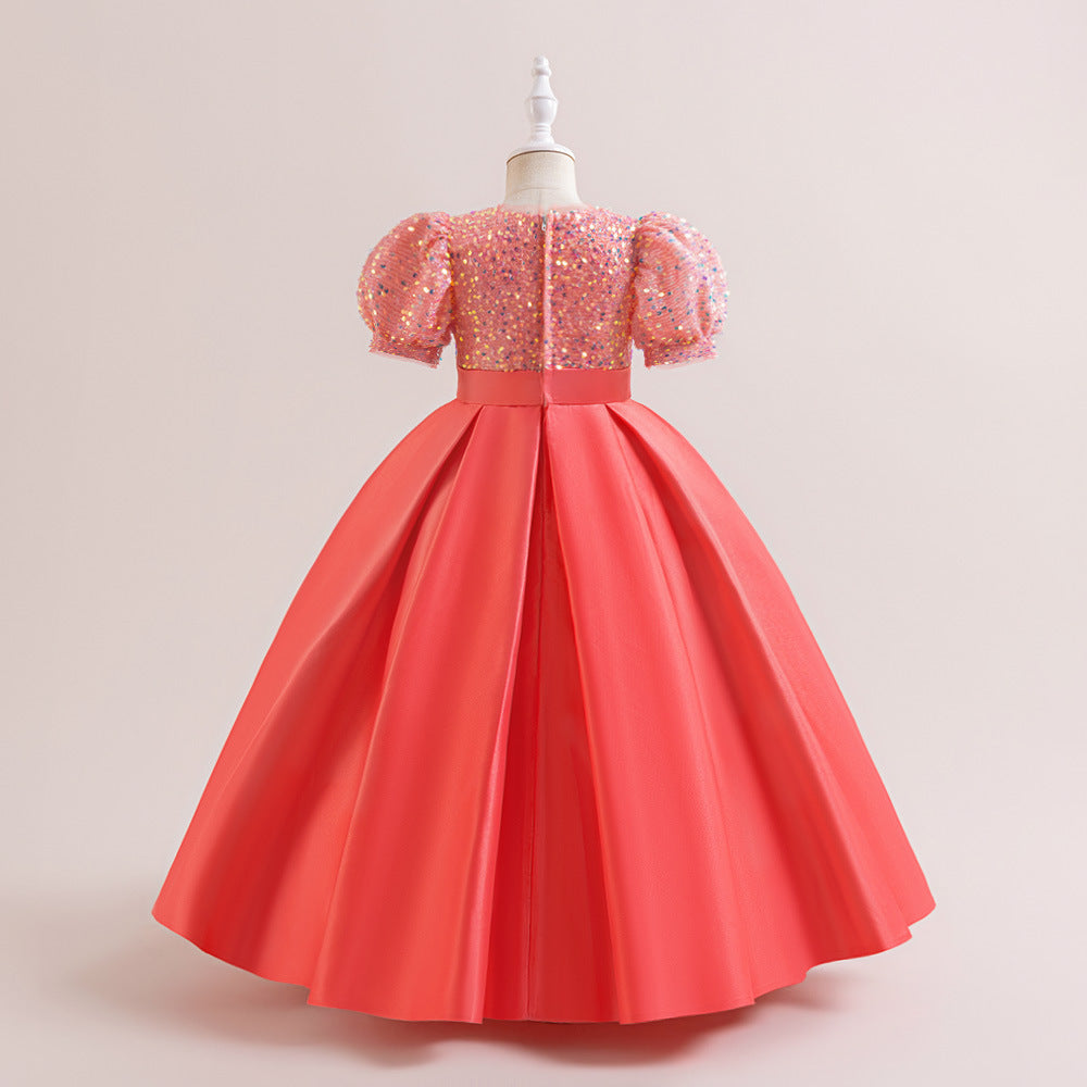 Cute A-Line Sequin Maxi Dress for Girls with Puff Sleeves & Bowknot
