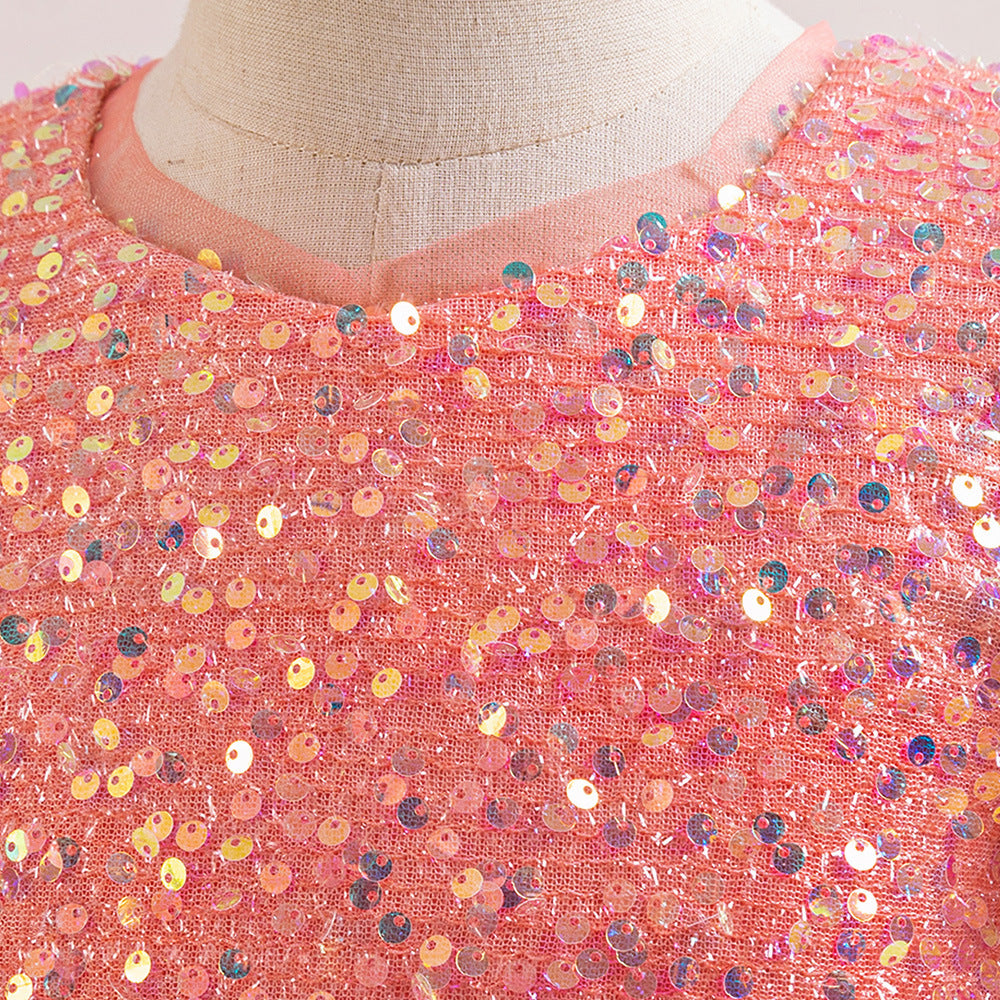 Cute A-Line Sequin Maxi Dress for Girls with Puff Sleeves & Bowknot
