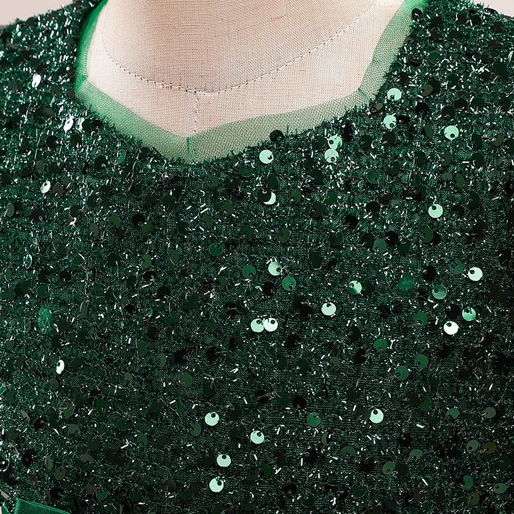 Cute A-Line Sequin Maxi Dress for Girls with Puff Sleeves & Bowknot