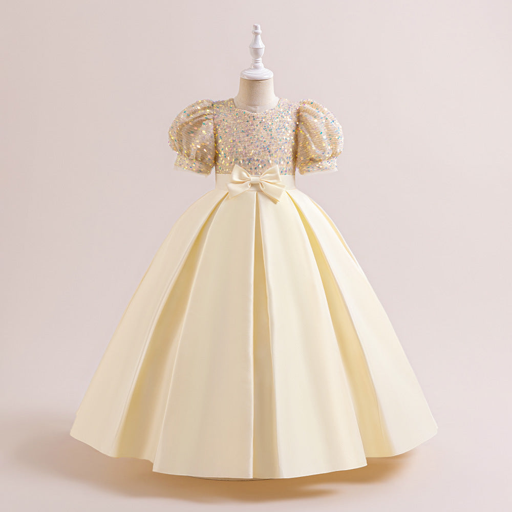 Cute A-Line Sequin Maxi Dress for Girls with Puff Sleeves & Bowknot