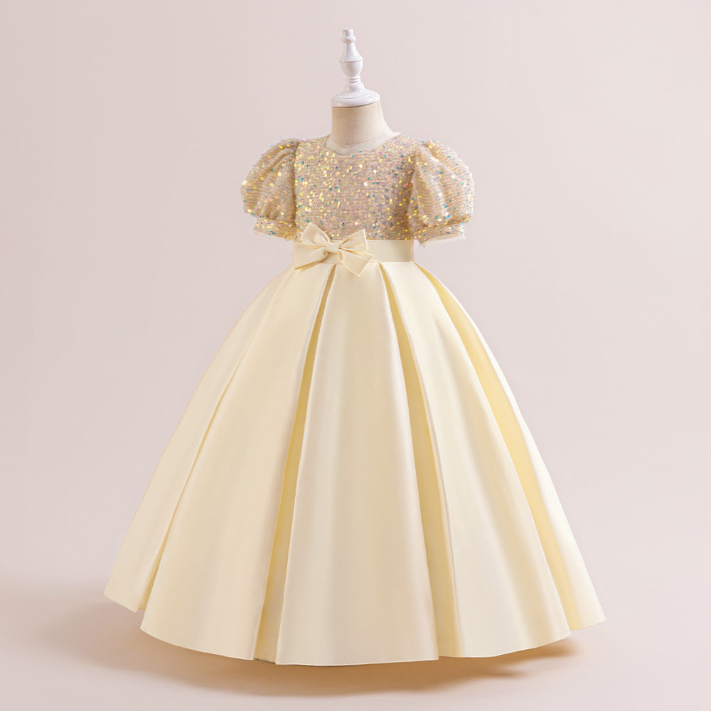Cute A-Line Sequin Maxi Dress for Girls with Puff Sleeves & Bowknot