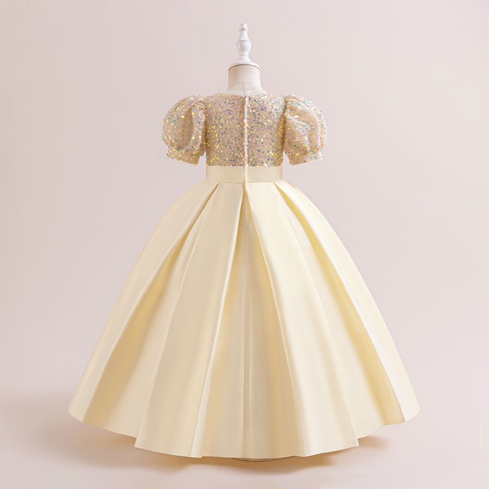 Cute A-Line Sequin Maxi Dress for Girls with Puff Sleeves & Bowknot