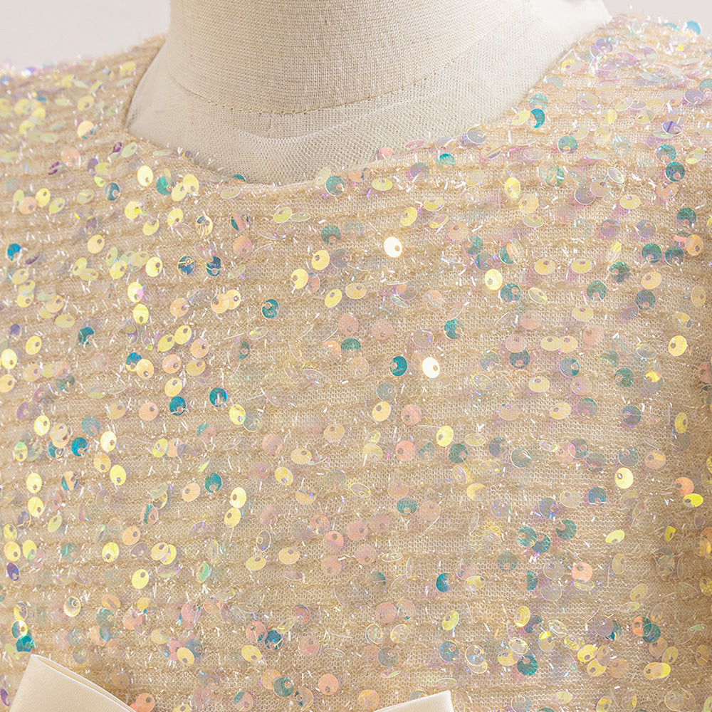 Cute A-Line Sequin Maxi Dress for Girls with Puff Sleeves & Bowknot