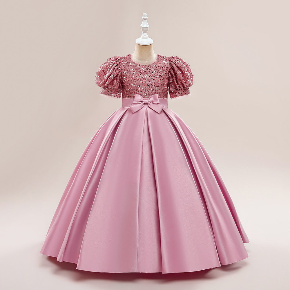 Cute A-Line Sequin Maxi Dress for Girls with Puff Sleeves & Bowknot