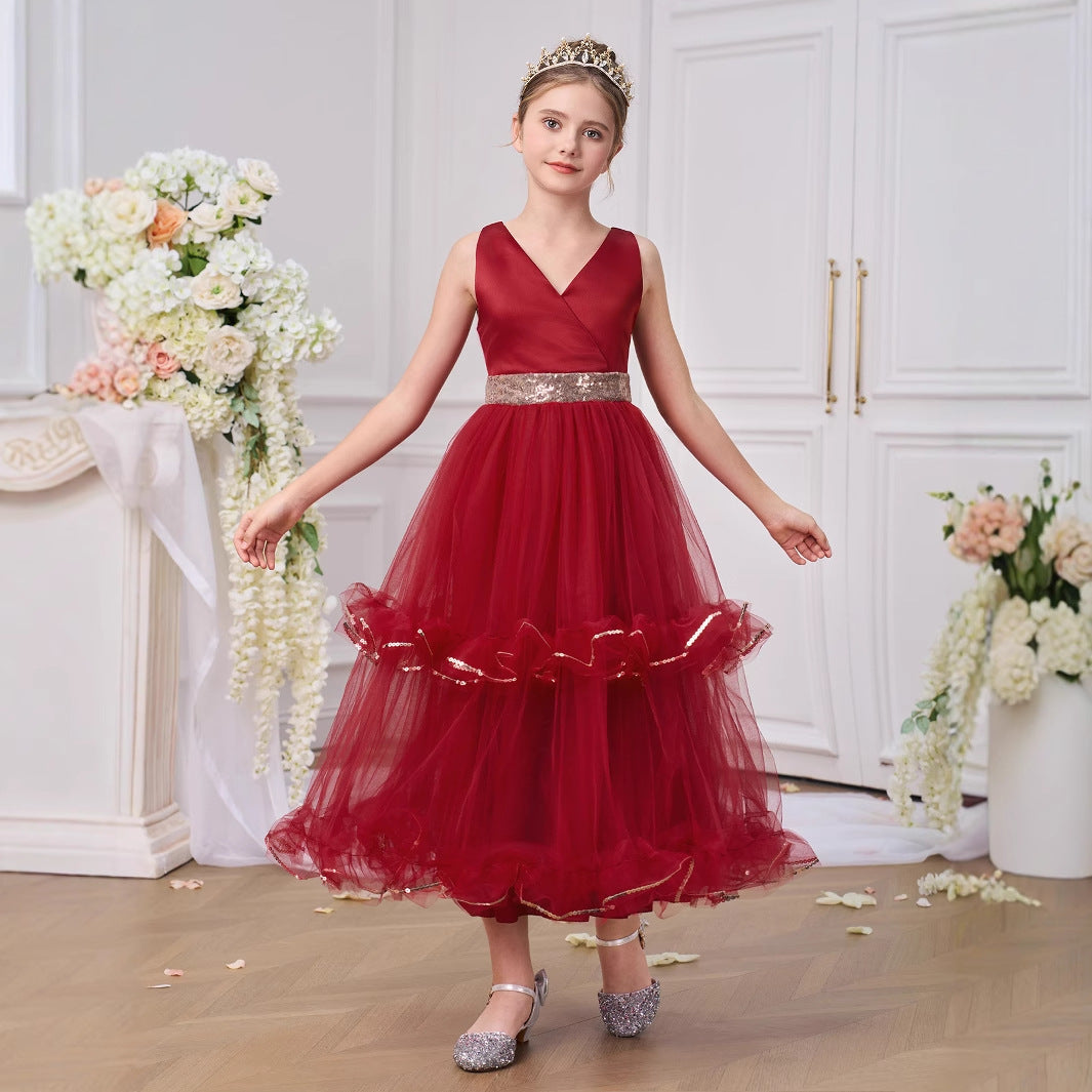 Burgundy A-Line V-Neck Maxi Dress for Girls with Sequins & Tulle