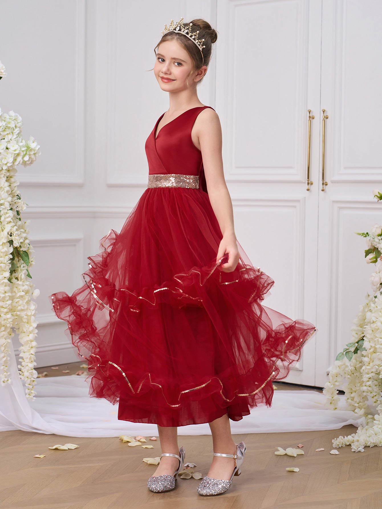 Burgundy A-Line V-Neck Maxi Dress for Girls with Sequins & Tulle